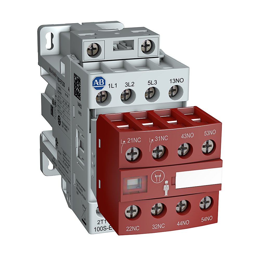 100S-E MCS-E Safety Contactor, 16A, AC3 duty, 24V DC Electronic Coil (low consumption, fast drop out), 1 N.O. 0 N.C. Standard & 0 N.O. 4 N.C. Lower Power Auxiliary Contacts