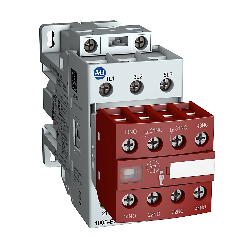 100S-E MCS-E Safety Contactor, 26A, AC3 duty, 24V DC Electronic Coil (low consumption, fast drop out), 0 N.O. 0 N.C. Standard & 1 N.O. 3 N.C. Lower Power Auxiliary Contacts