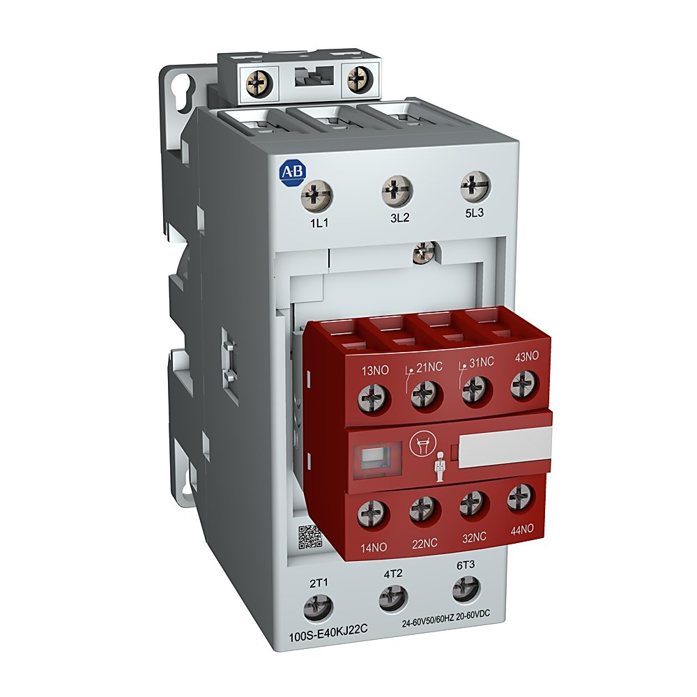 100S-E MCS-E Safety Contactor, 52A, AC3 duty, 100-250V AC 50/60Hz / 100-250V DC Electronic Coil, 0 N.O. 0 N.C. Standard & 3 N.O. 1 N.C. Lower Power Auxiliary Contacts