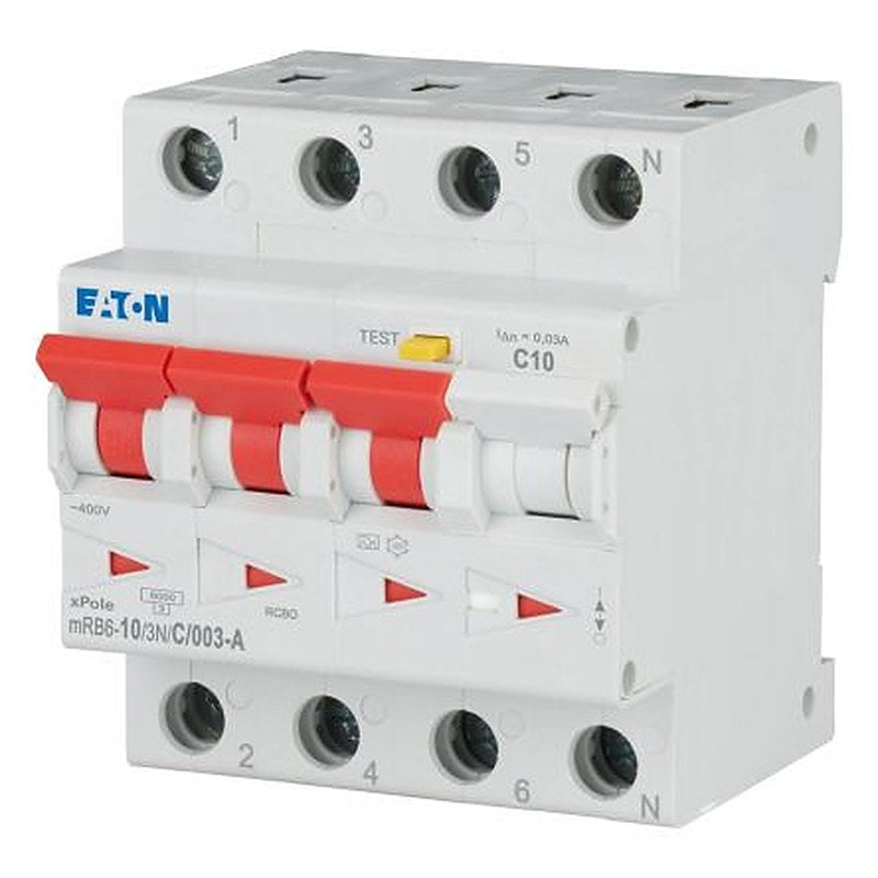 Eaton Residual Current Circuit Breaker with Overload Protection, 10A Current Rating, 3+N-Pole, 30 mA Trip Sensitivity,