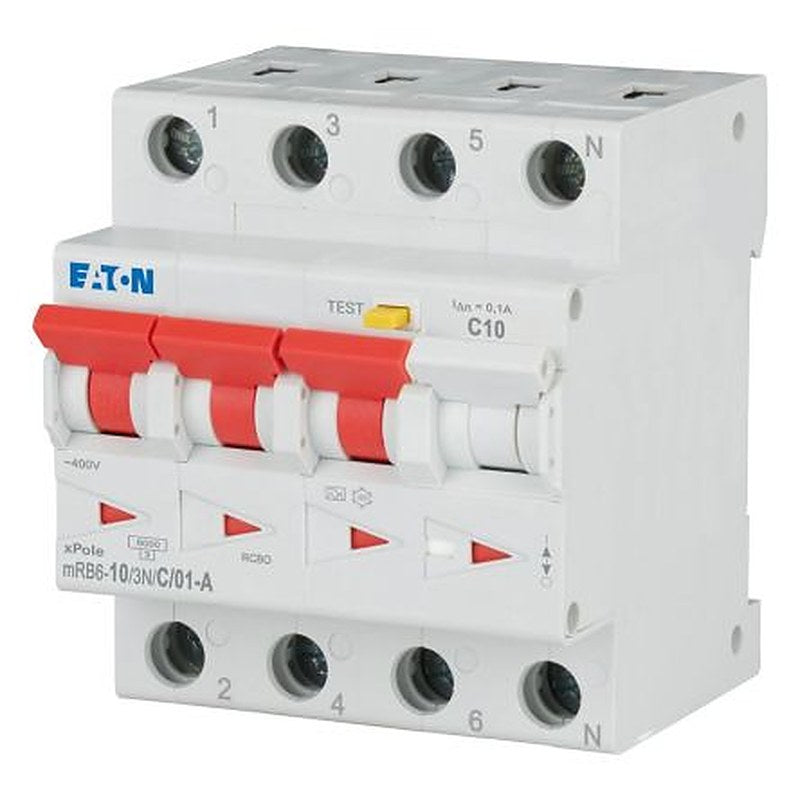 Eaton Residual Current Circuit Breaker with Overload Protection, 10A Current Rating, 3+N-Pole, 100 mA Trip Sensitivity,