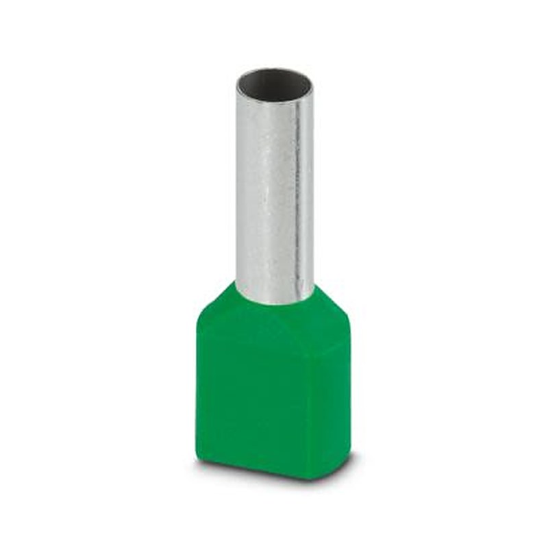 Phoenix Contact, AI-TWIN 2X 6 -14 GN Insulated Ferrule, 14 mm Pin Length, 4.9 mm Pin Diameter, Green to 10 AWG Wire Size