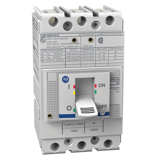 140G - Molded Case Circuit Breaker, R frame, 125 kA Interrupt Rating, LSIG-M (electronic), 3 Poles, Rated Current 2500 A (100% Rated), with Door Interlock, Spring Charge Motor, 220...250V AC/DC, Shunt Trip & Shunt Close, 220...240V AC/DC, Undervoltage Release 220...240V AC/DC, Trip Unit Alarm, 250V