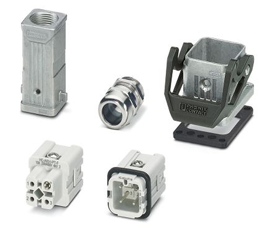 Phoenix Contact kit contents: 2 Contact Insert, Cable Gland, 2 Housing, HC-STA, Heavy Duty Power Connector Kit, 3 Way,
