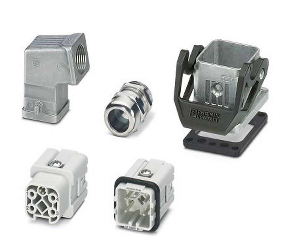 Phoenix Contact kit contents: Cable Gland, 2 Contact Insert, 2 Housing, HC-STA, Heavy Duty Power Connector Kit, 4 Way,