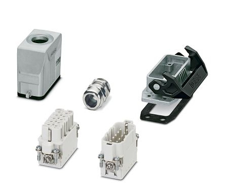 Phoenix Contact kit contents: 2 Housing, Cable Gland, 2 Contact Insert, HC-STA, Heavy Duty Power Connector Kit, 10 Way,