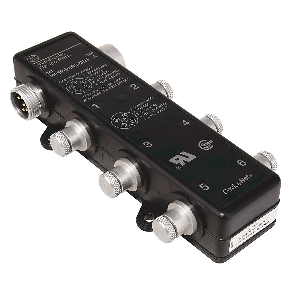 1485 DeviceNet Connectors and DevicePorts, Thru-Trunk DevicePort, Mini Male/Mini Female Trunk Connection, Female Mini, 6 Port, Standard , Passive , No Connector, Female Mini