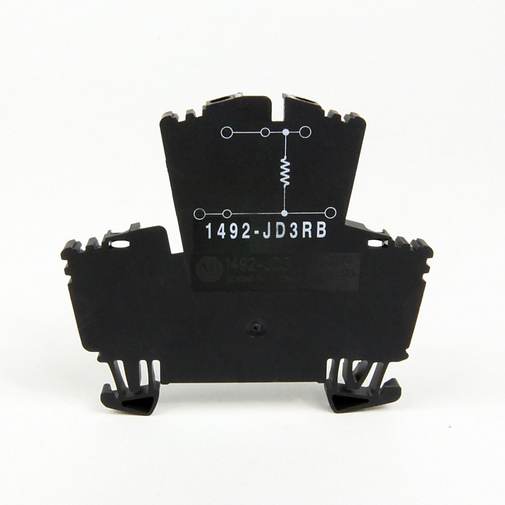 1492-J IEC Terminal Block, Two-Circuit Feed-Through Block, 2.5 mm (# 24 AWG - # 12 AWG), Two level block with a selectable resistor value between the 2 levels, Black (Standard), 200 Ohm Resistance