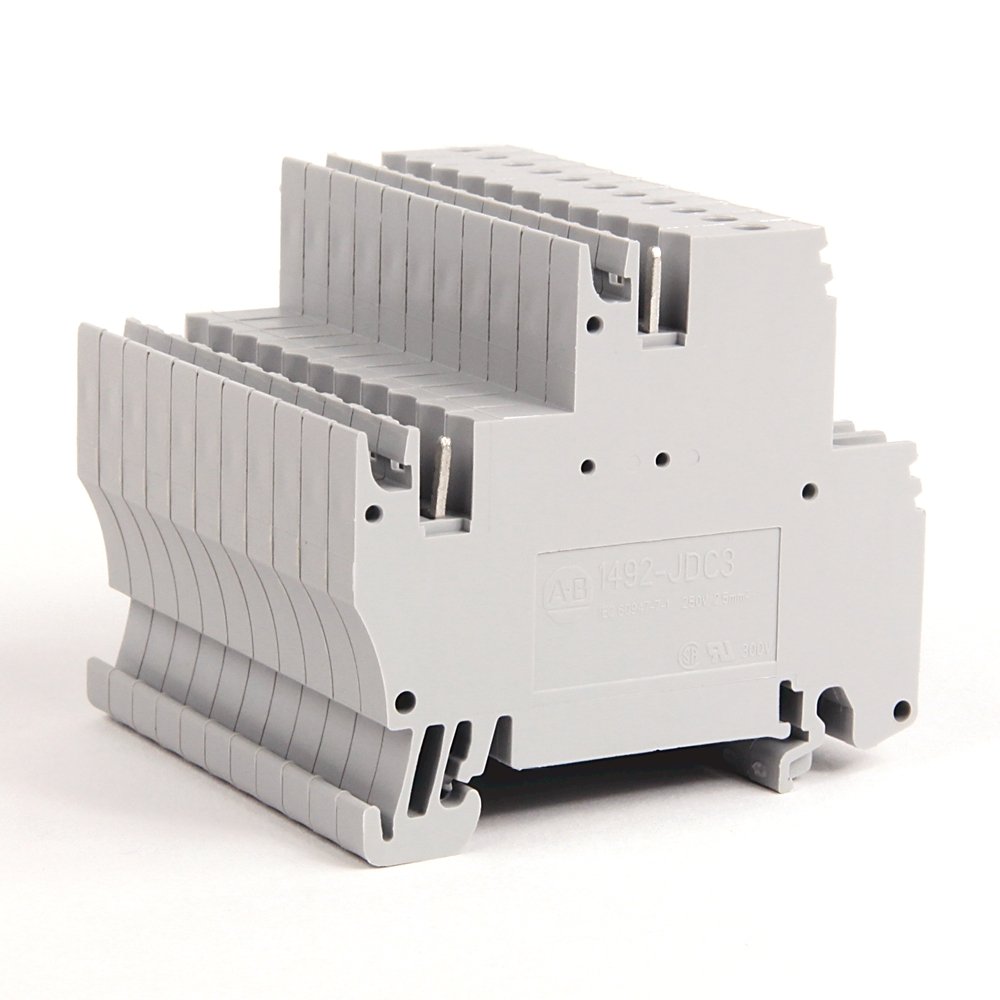 1492-J IEC Terminal Block, Two-Circuit Feed-Through Block, 2.5 mm (# 24 AWG - # 12 AWG), Plug-In comb connections on one side of each circuit, Gray (Standard),