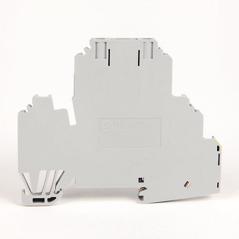1492-J IEC Terminal Block, Two-Circuit Feed-Through Ground Block, 2.5 mm (# 24 AWG - # 12 AWG), Selectable component plug-in device with test plug socket, Gray (Standard),