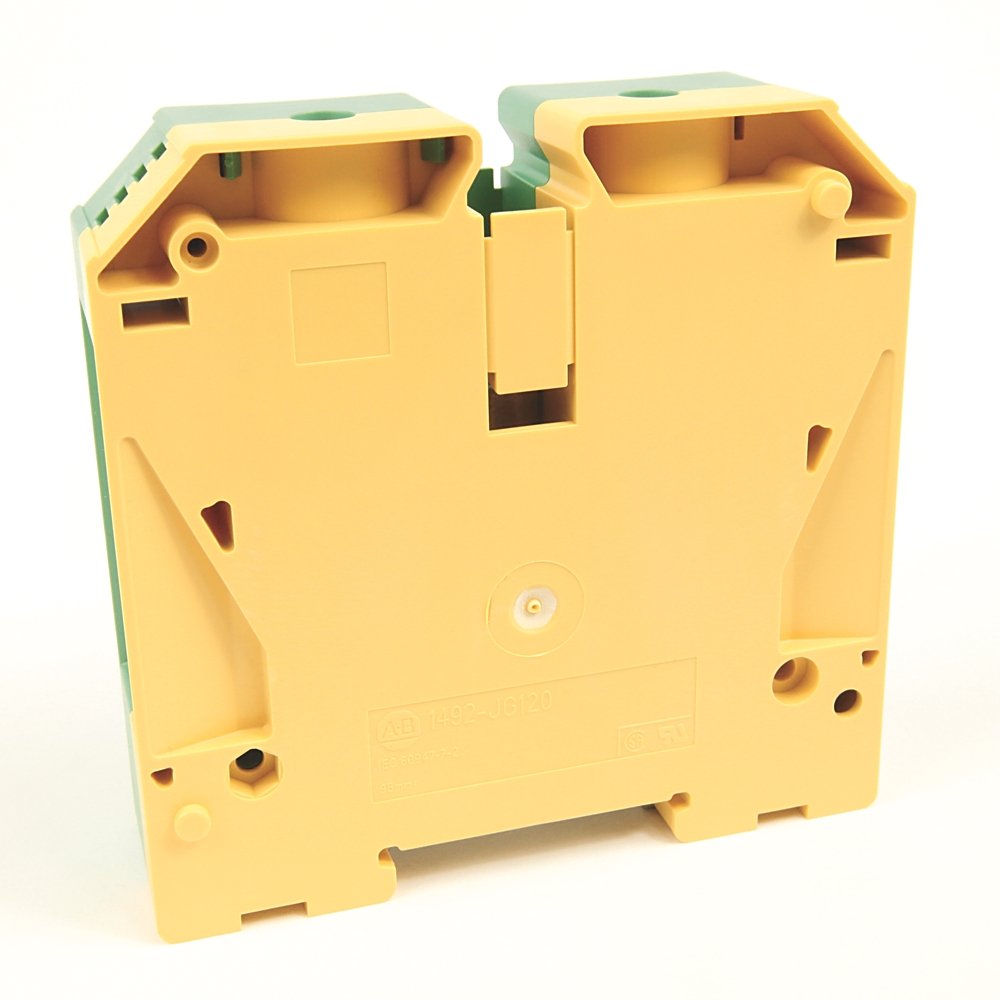 1492-J IEC Terminal Block, One-Circuit Feed-Through Ground Block, 16 mm (# 14 AWG - # 4 AWG), Standard Feedthrough, Green / Yellow Stripe (Standard),