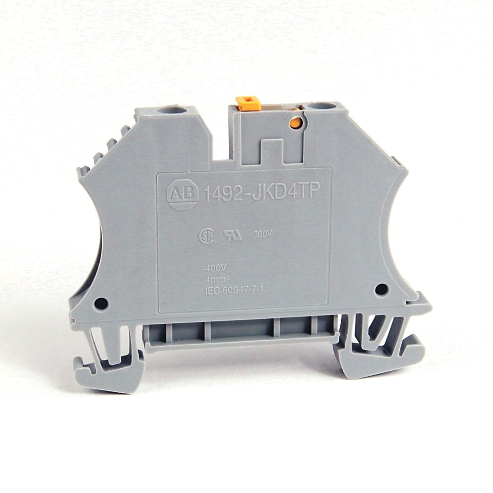 1492-J IEC Terminal Block, Knife Disconnect Feed-Through, 4 mm (# 30 AWG - # 10 AWG), 3 Connection points, 2 on one side with testing plug socket, Gray (Standard),