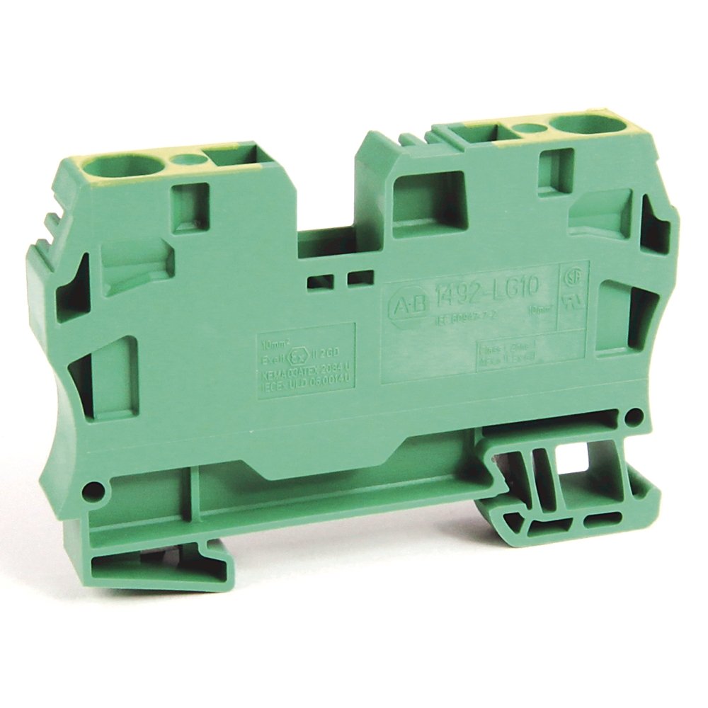 Spring Clamp Terminal Block,One-Circuit Feed-Through Ground Block,6 mm (# 22 AWG - # 10 AWG), 4 mm for H4 block,2 Connection points on one side,Green / Yellow Stripe (Standard),