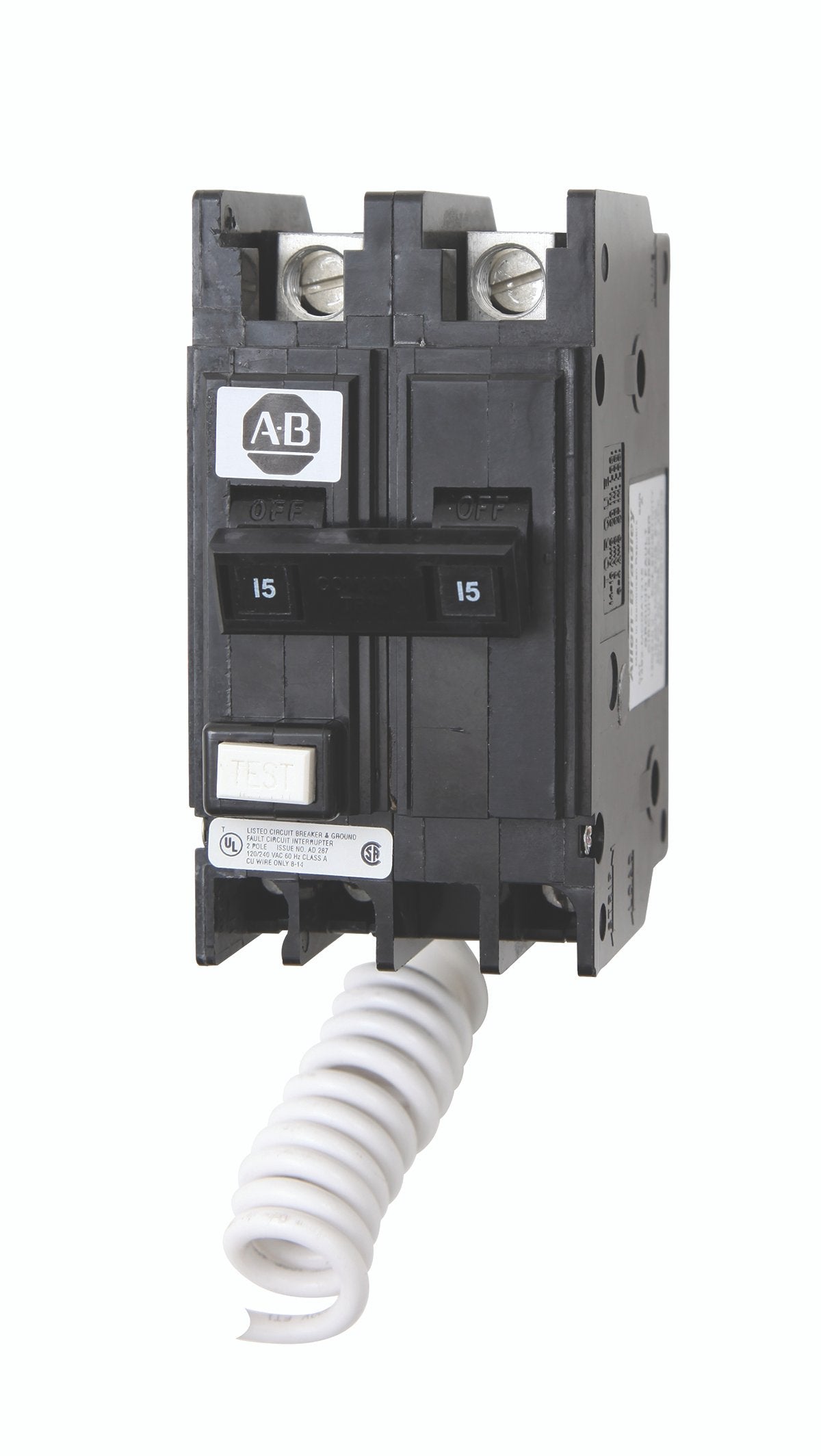 1492-MC Thermal-magnetic Miniature Circuit Breakers, 1492 Miniature Circuit Breaker, 120/240 V AC, Ground Fault Circuit Interrupters (GFCI), Panel mounting, With Self Test Capability, 2 Poles, 30 Amps, Standard Terminal, None