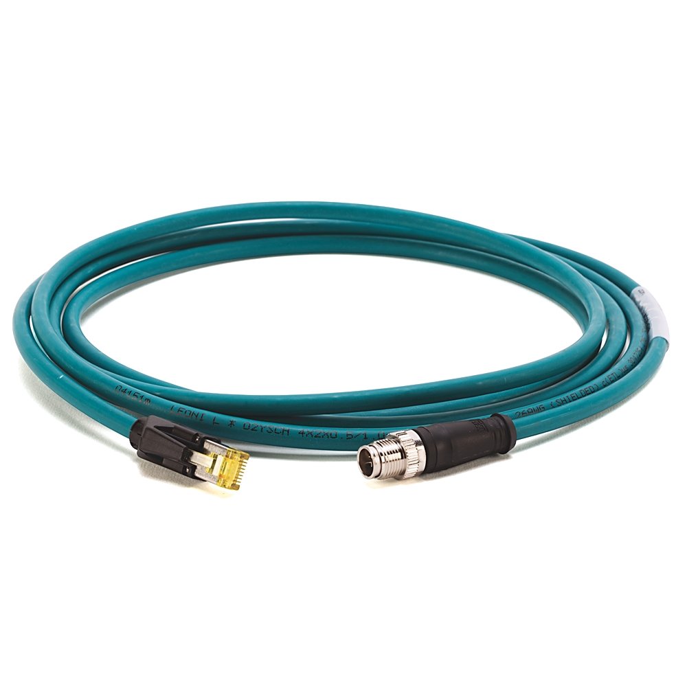 1585 Ethernet Cables Cat6, 1000BASE-T, 1000 Mbit/s, 8 Conductors, M12 X-CODE, Straight Male, Standard, RJ45, Straight Male, Teal PUR, Shielded, High Flex, PUR, Halogen Free, 10 million cycles