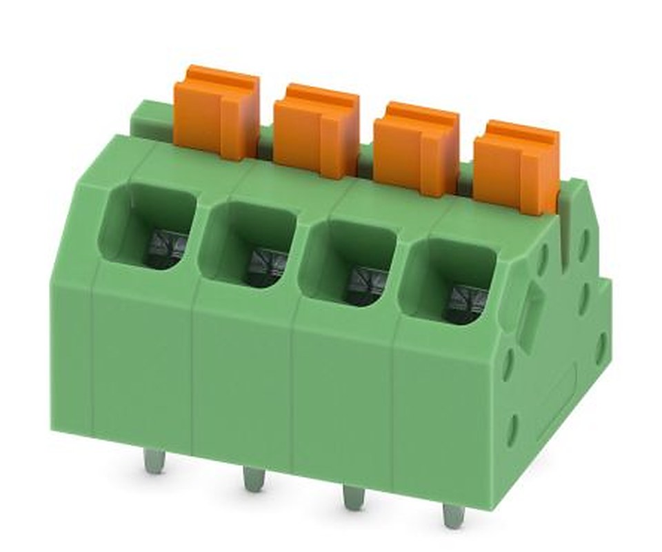 Phoenix Contact SPTAF 1/ 4-3.5-EL Series Angled Wave Soldering Mount PCB Terminal Block, 4 Contact(s), 3.5 mm Pitch, 2