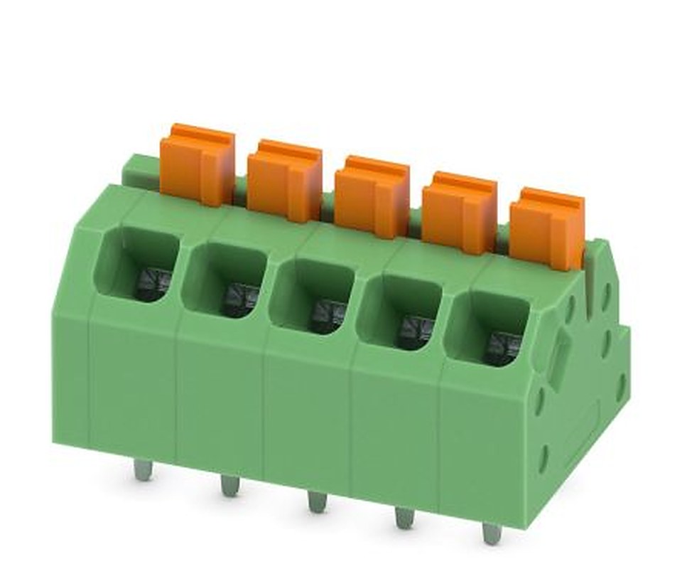 Phoenix Contact SPTAF 1/ 5-3.5-EL Series Angled Wave Soldering Mount PCB Terminal Block, 5 Contact(s), 3.5 mm Pitch, 2