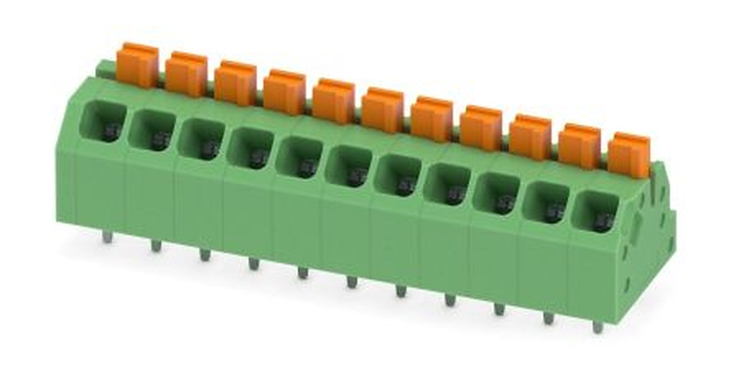Phoenix Contact SPTAF 1/11-3.5-EL Series Angled Wave Soldering Mount PCB Terminal Block, 11 Contact(s), 3.5 mm Pitch, 2