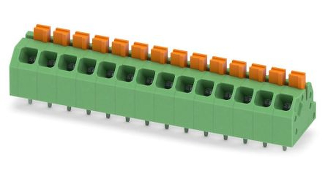 Phoenix Contact SPTAF 1/14-3.5-EL Series Angled Wave Soldering Mount PCB Terminal Block, 14 Contact(s), 3.5 mm Pitch, 2