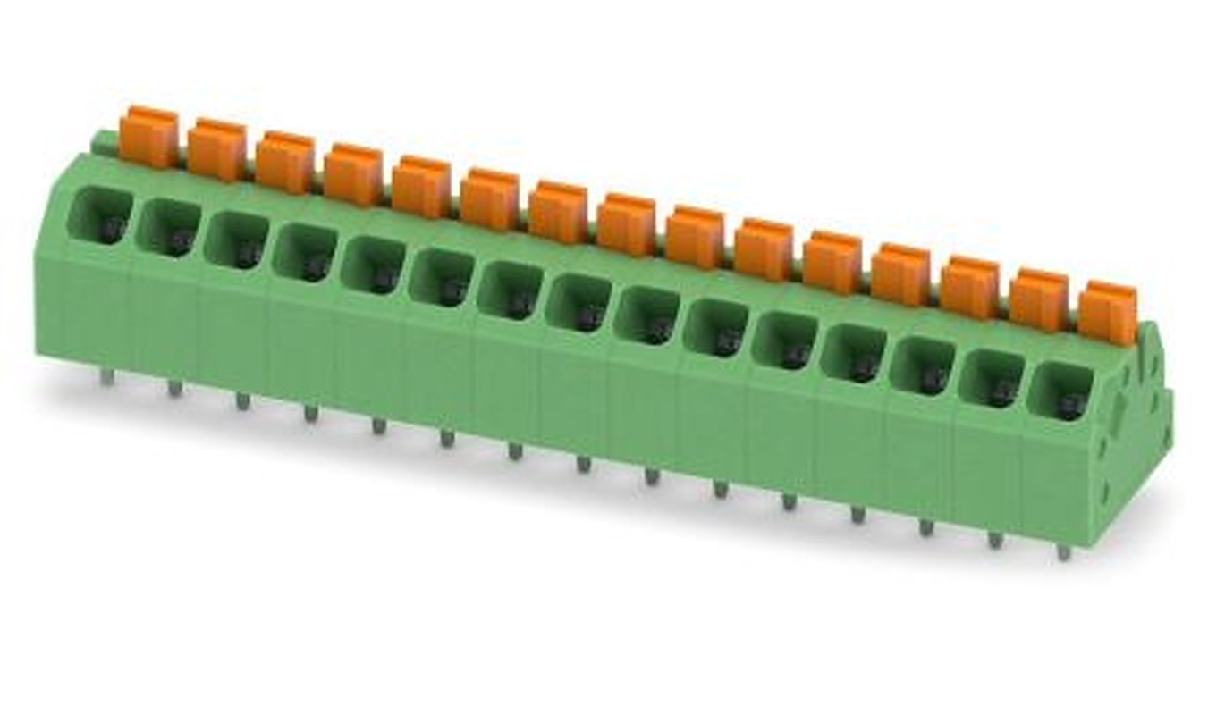 Phoenix Contact SPTAF 1/15-3.5-EL Series Angled Wave Soldering Mount PCB Terminal Block, 15 Contact(s), 3.5 mm Pitch, 2