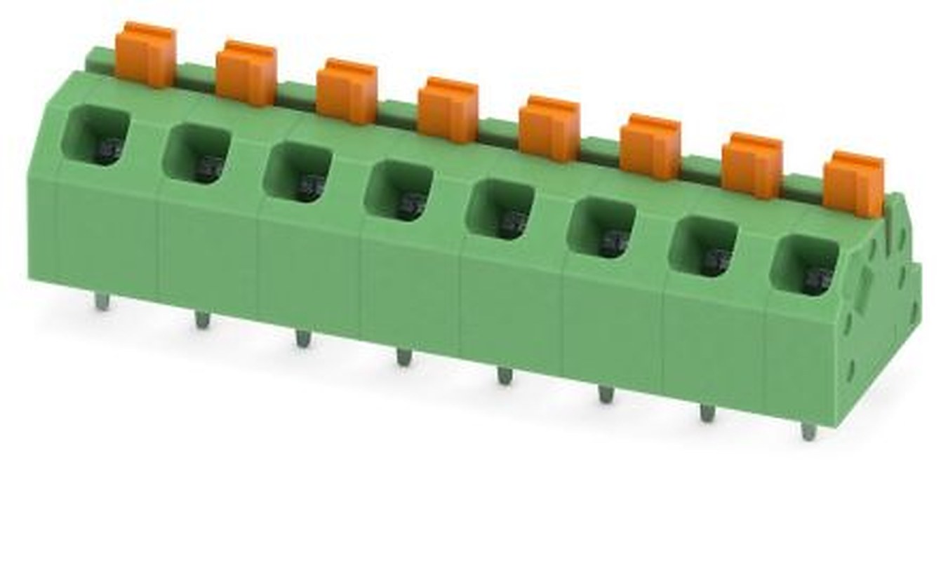 Phoenix Contact SPTAF 1/ 8-5.0-EL Series Angled Wave Soldering Mount PCB Terminal Block, 8 Contact(s), 5 mm Pitch, 1 Row