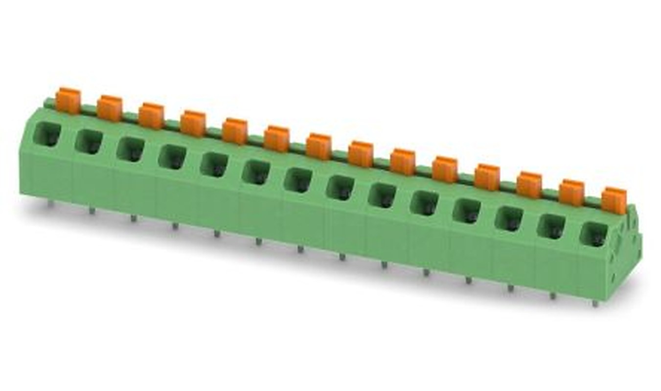 Phoenix Contact SPTAF 1/14-5.0-EL Series Angled Wave Soldering Mount PCB Terminal Block, 14 Contact(s), 5 mm Pitch, 1