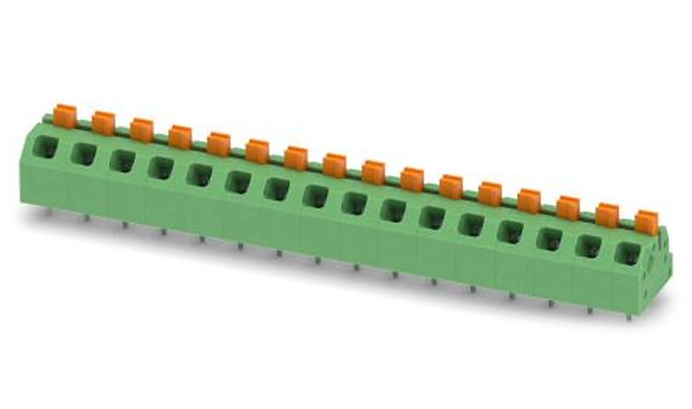 Phoenix Contact SPTAF 1/16-5.0-EL Series Angled Wave Soldering Mount PCB Terminal Block, 16 Contact(s), 5 mm Pitch, 2