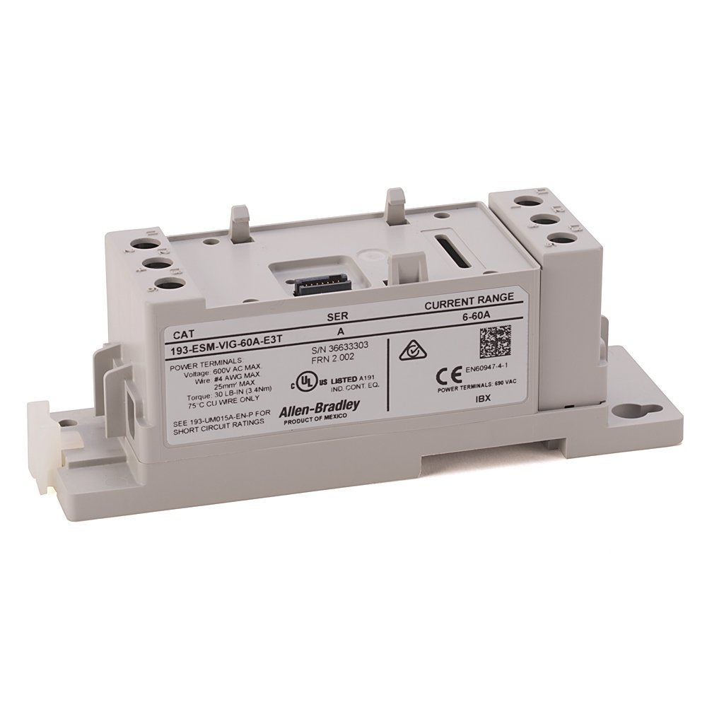 E300 Overload Relays (193/592 IEC/NEMA), Voltage/Current/Ground Fault Sensing Module (6...60 A) DIN Rail / Panel Mount with Line- and Load-side Power Conductor Terminals. Directly replaces 193-ECPM2.