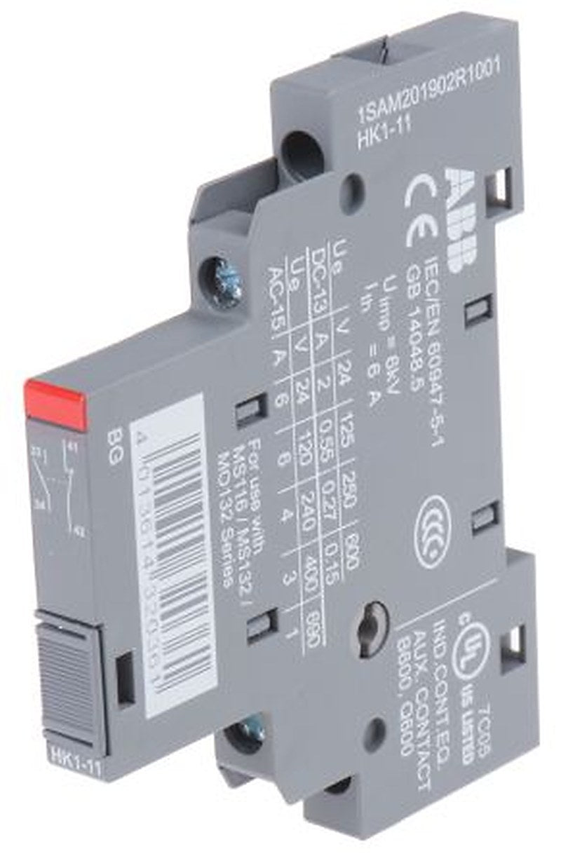 ABB Auxiliary Contact, 2 Contact, 1 NO/1 NC, HK1, Side, 16 A, 220 V dc, 400V ac, 1SAM201902R1001 HK1-11