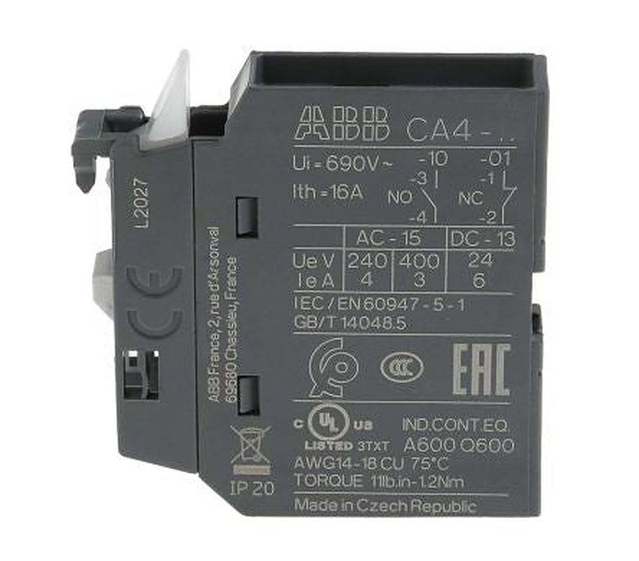 ABB Auxiliary Contact, 1 Contact, 1 NC, CA4, Front, 6 A, 600 V dc, 690V ac, 1SBN010110R1001 CA4-01