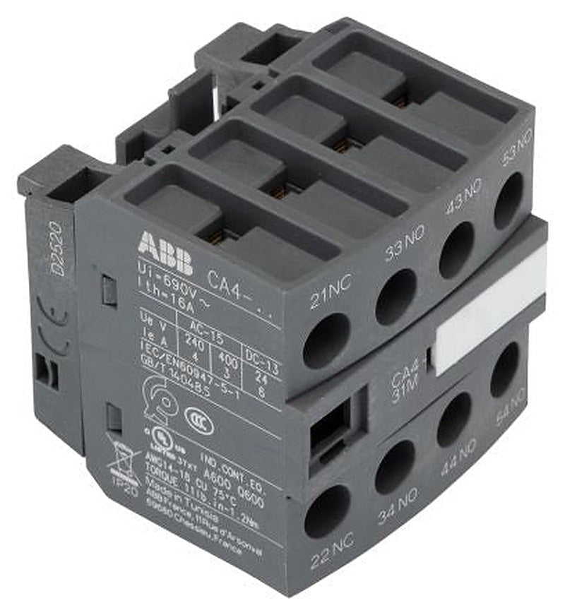 ABB Auxiliary Contact, 4 Contact, 3 NO/1 NC, CA4, Front, 6 A, 690V ac, 1SBN010140R1131 CA4-31M