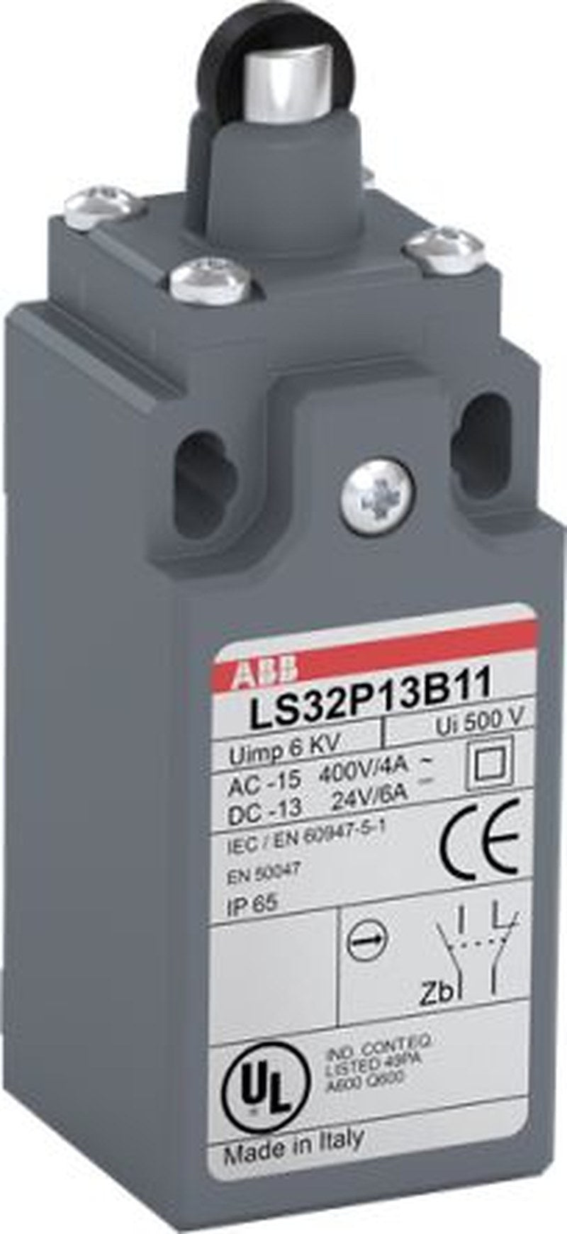 ABB LS30P13B11 Series Roller Plunger Limit Switch, 1 NO/1 NC, IP65, Fibreglass Plastic Housing, 380V ac, 415 V ac, 10A