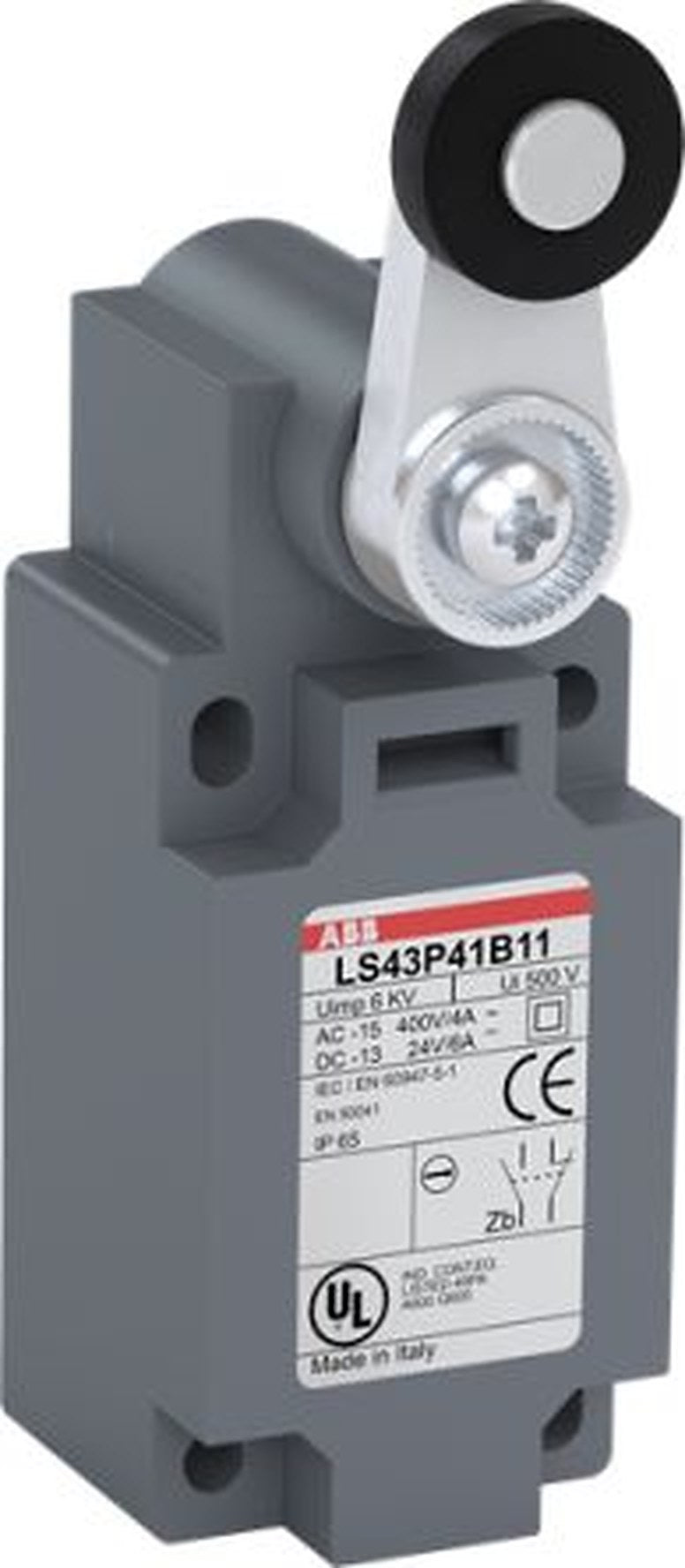ABB LS43P41B11 Series Roller Lever Limit Switch, 1 NO/1 NC, IP65, Fibreglass Plastic Housing, 230V ac, 10A