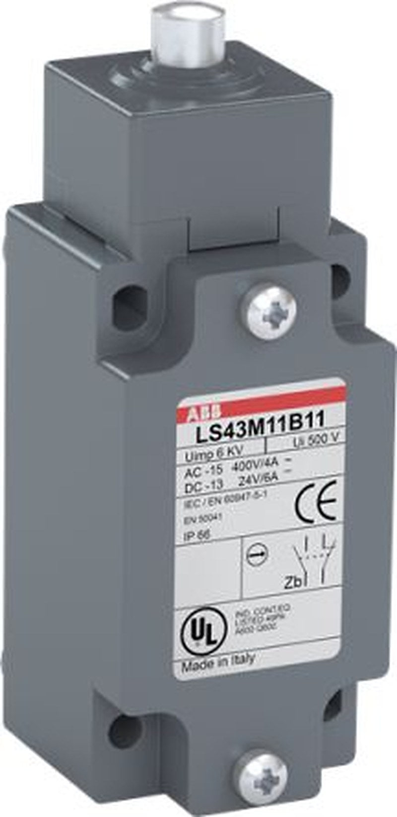ABB LS43M11B11 Series Plunger Limit Switch, 1 NO/1 NC, IP66, Metal Housing, 400V ac, 3.1A