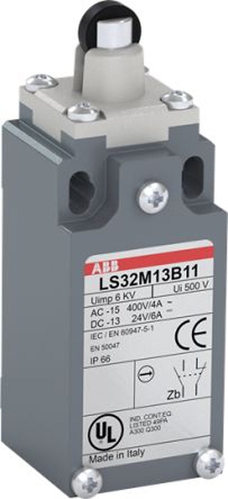 ABB LS32M13B11 Series Roller Lever Limit Switch, 1 NO/1 NC, IP66, Zinc Alloy Housing, 500V ac, 10A