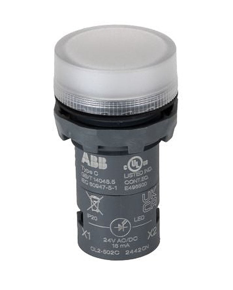 ABB, CL2-523, Panel Mount White LED Pilot Light, 22 mm Cutout, IP66, IP69K, IP20, IP67, Round, 24V