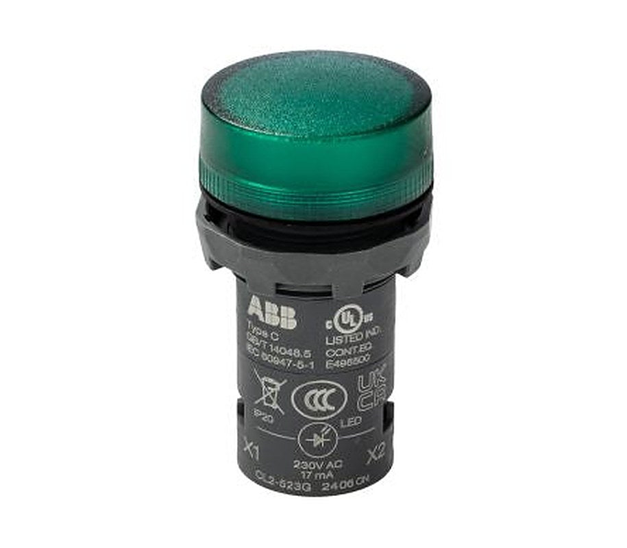 ABB, CL2-523G, Panel Mount Green LED Pilot Light, 22 mm Cutout, IP69K, IP67, IP66, Round, 230V ac