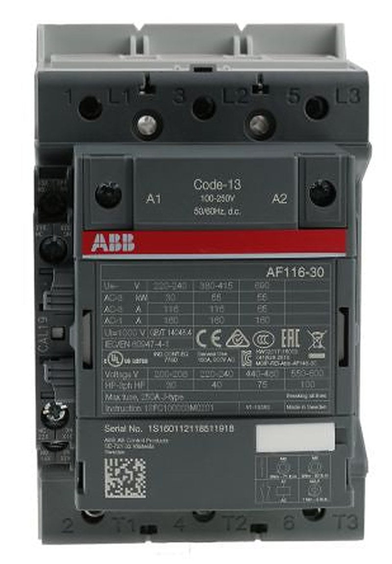 ABB AF116 Contactor, 230V ac Coil, 3-Pole, 160 A, 55 kW 250V, 3 NO, 690V ac