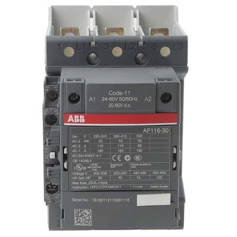 ABB AF116 Contactor, 24V ac/dc Coil, 3-Pole, 160 A, 55 kW 60V, 3 NO, 690V ac