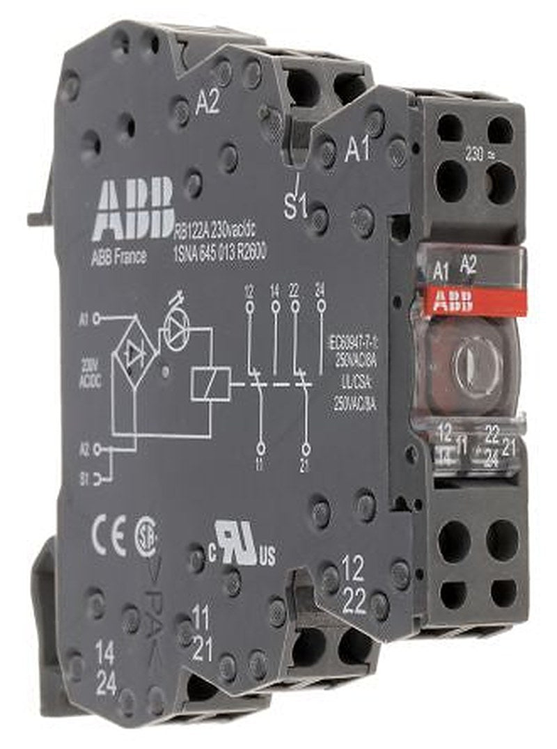ABB R600 Series Interface Relay, DIN Rail, 230V ac/dc Coil, DPDT, 5mA