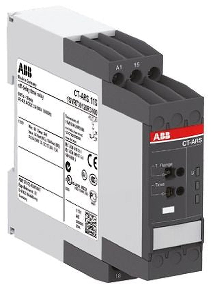 ABB 1SVR Series DIN Rail Timer Relay, 1-Contact, 24 V dc 240V ac, 0.05 s to 300 h, 1-Function, SPDT Switch Configuration