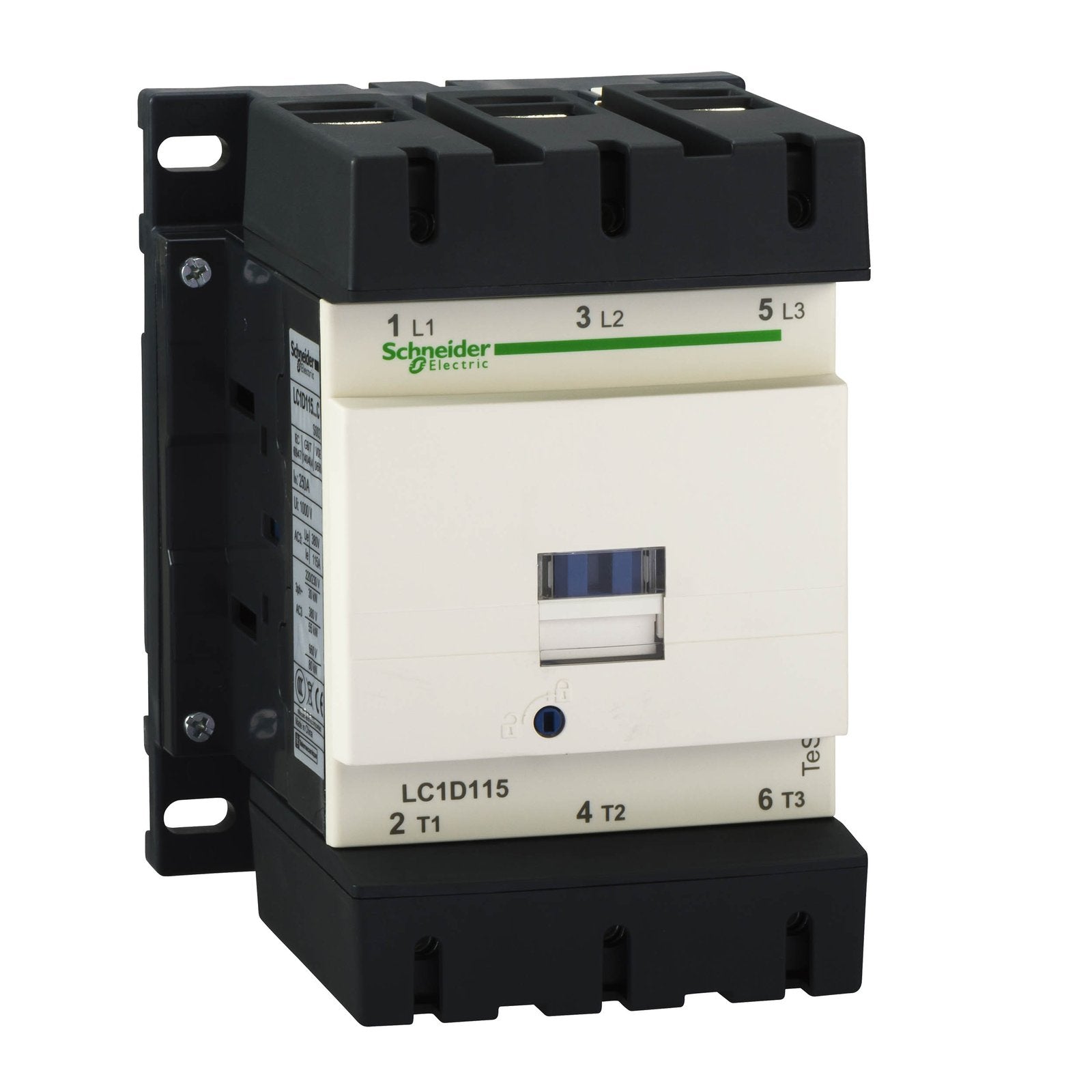 Schneider Electric LC1D115Q7 TeSys D contactors have been designed for perfect integration into control systems. They can be used to create motor starters for almost any type of application. TeSys D contactors are available in 13 contactor ratings for inductive motor applications up to 150 full-load amps and resistive loads up to 200 amps. This 115A inductive 3 pole IEC contactor can be mounted on DIN rail or mounted directly to a panel. Contactors have both Horsepower and Kw motor rating for international