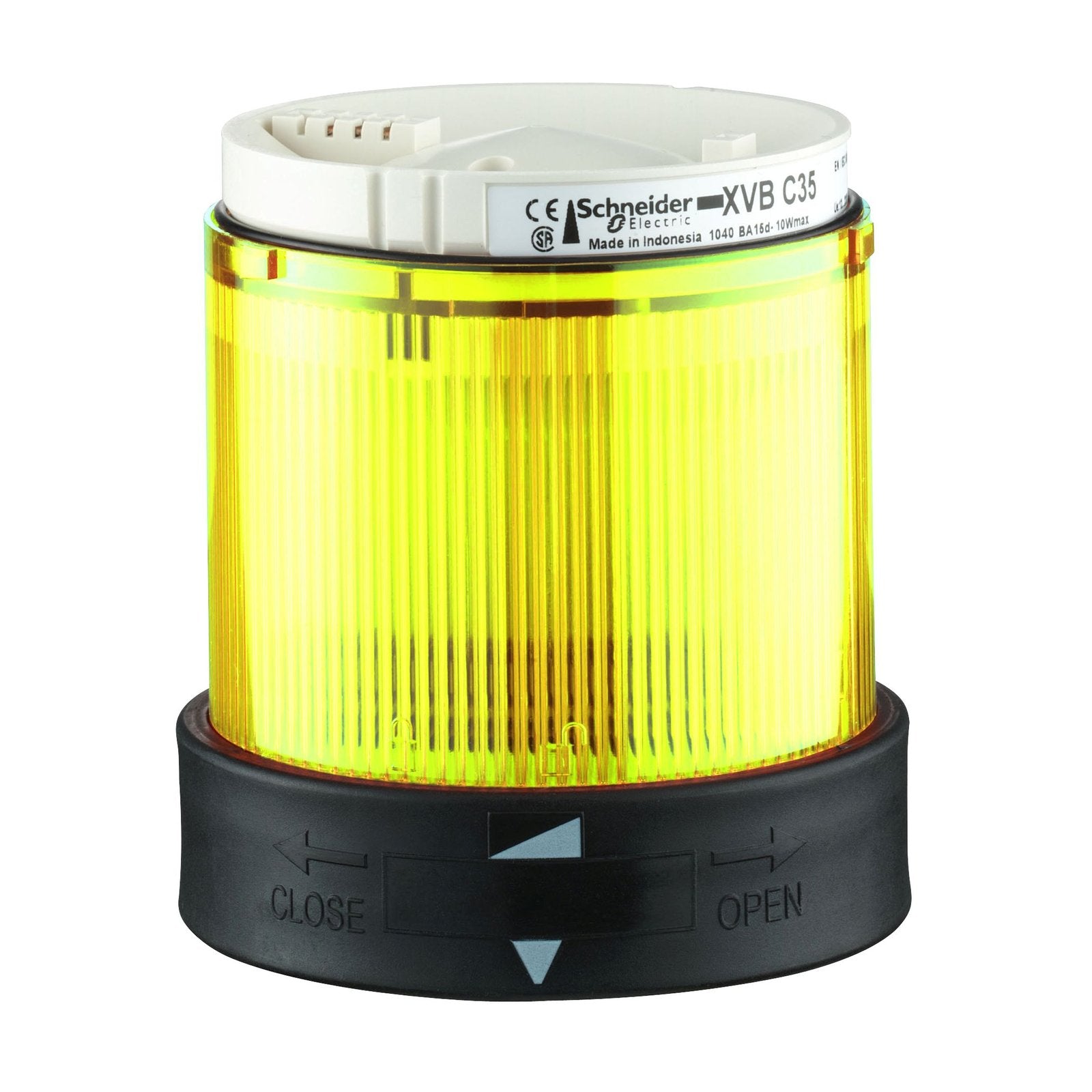 Schneider Electric XVBC4M8 This yellow illuminated unit is designed to be connected with base to create complete tower light. Its integral LED offers a steady light, allowing it to clearly display the status of your machines. In applications such as automotive, machine tool, material handling, packaging, assembly stations, conveyors. It is impact resistant, dust resistant, water resistant and vibration resistant thanks to its IP66. It makes it ideal for operation in harsh environments. The Schneider has ill