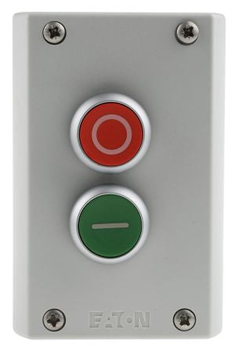 Eaton Momentary Enclosed Push Button - 2 NO/2 NC, Plastic, 2 Cutouts, Red, Green, O/I, IP67