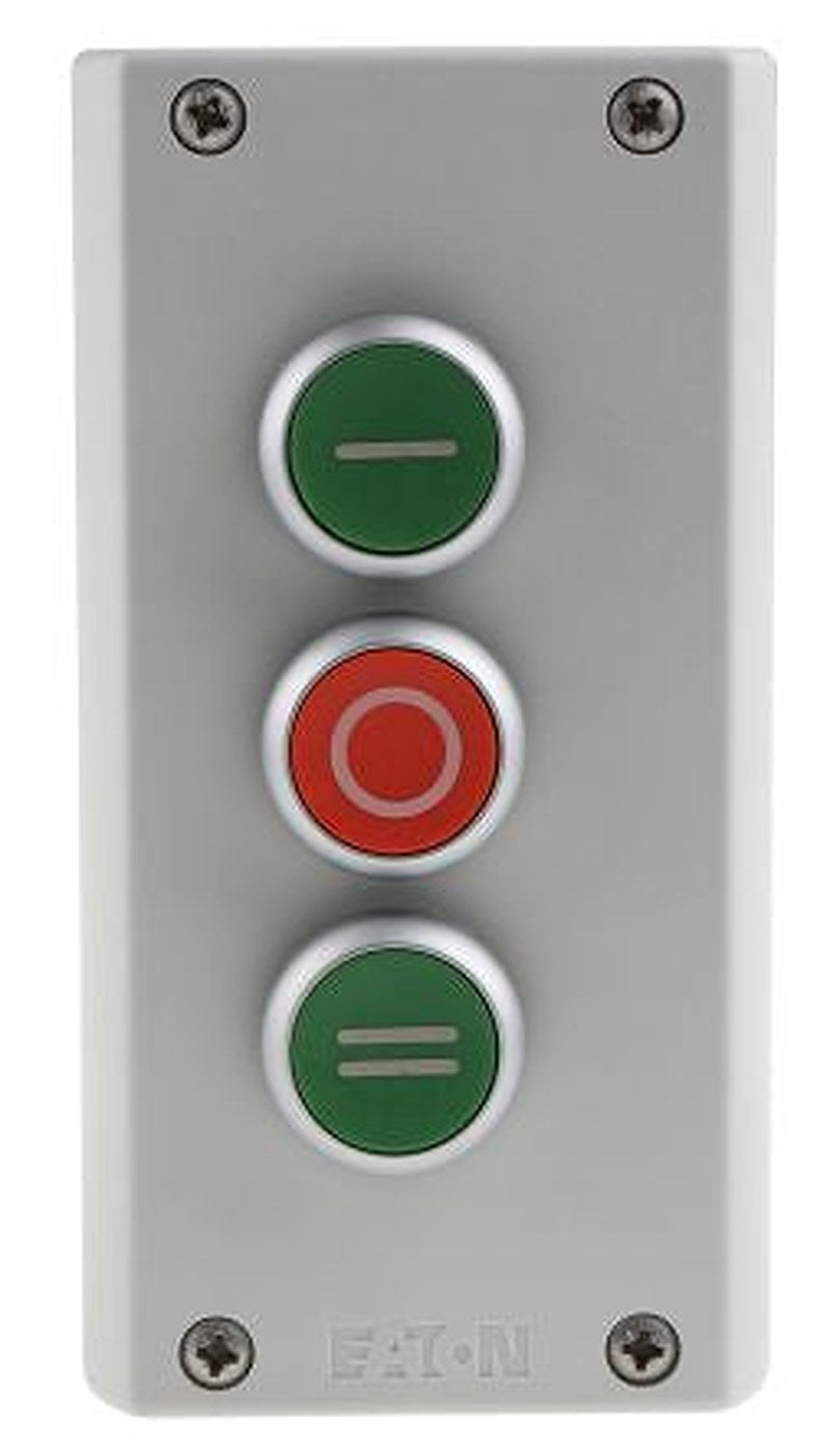 Eaton Momentary Enclosed Push Button - 3 NO/3 NC, Plastic, 3 Cutouts, Green, Red, I/O/II, IP69K