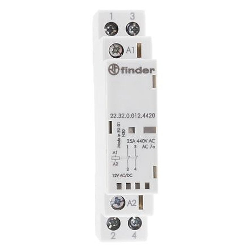 Finder 22 Contactor, 12V dc Coil, 2-Pole, 25 A, 1.25 W 12V ac, 2 NC, 250 V dc, 440V ac