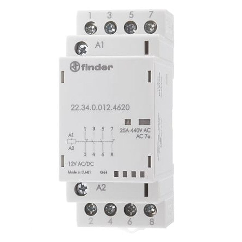 Finder 22 Contactor, 12V dc Coil, 4-Pole, 25 A, 4 kW 12V dc, 2 NO/2 NC, 250 V dc, 440V ac