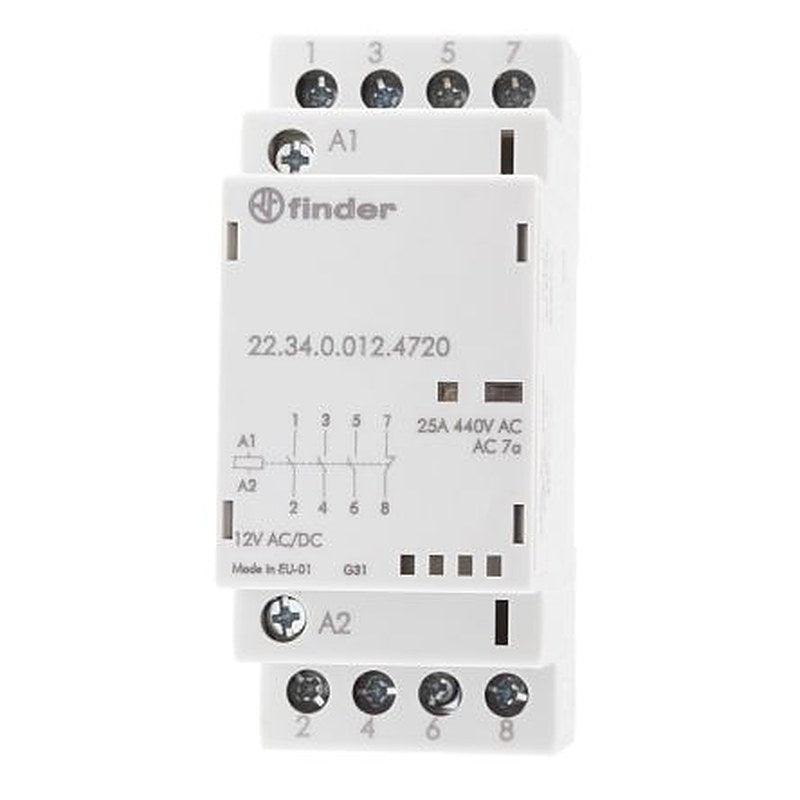 Finder 22 Contactor, 12V dc Coil, 4-Pole, 25 A, 4 kW 12V dc, 3 NO/1 NC, 250 V dc, 440V ac