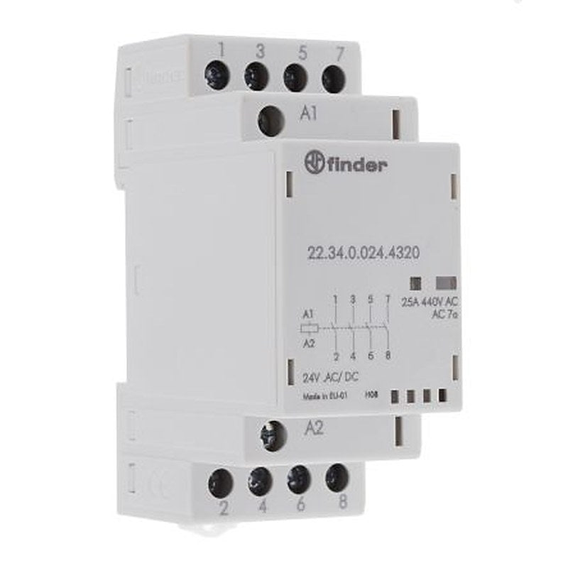 Finder 22 Contactor, 24V ac/dc Coil, 4-Pole, 25 A, 2 NO, 440V