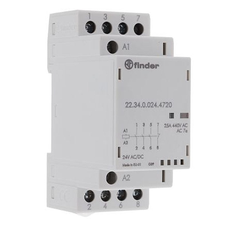 Finder 22 Contactor, 24V ac/dc Coil, 4-Pole, 25 A, 2 NO, 440V